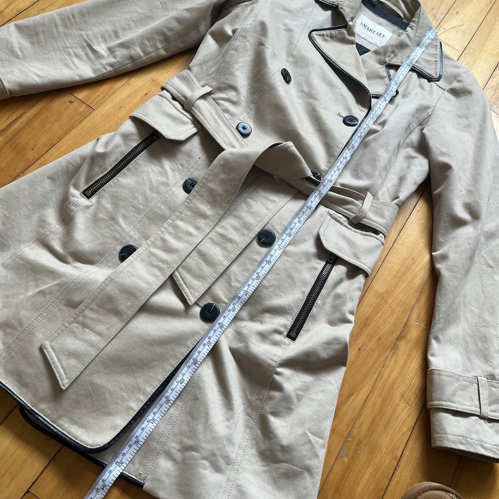 SMART SET Double Breasted Trench Coat Beige Black Trim Belted Button Up Women XS - Picture 10 of 12